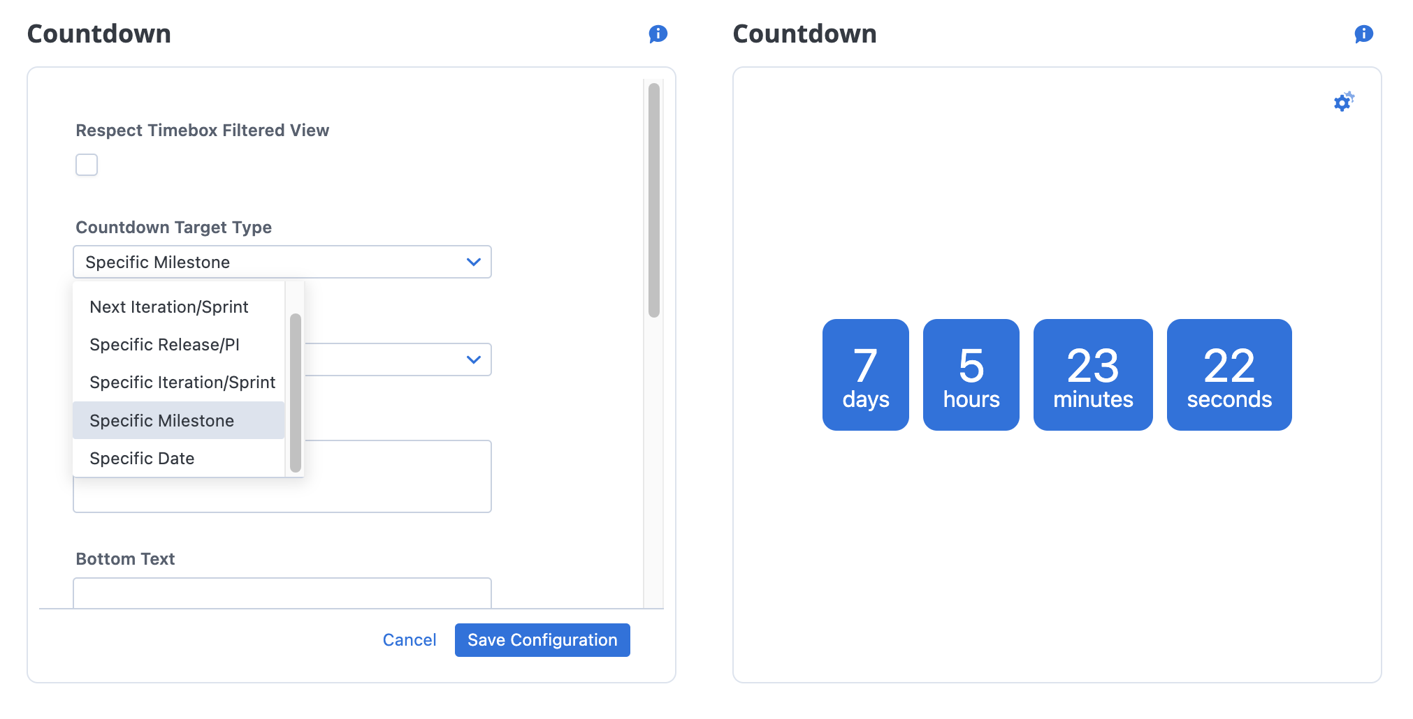 Countdown Widget showing other options for timeboxes