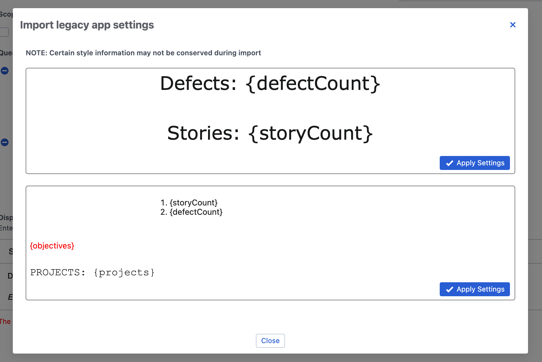 Query Counter settings including import options