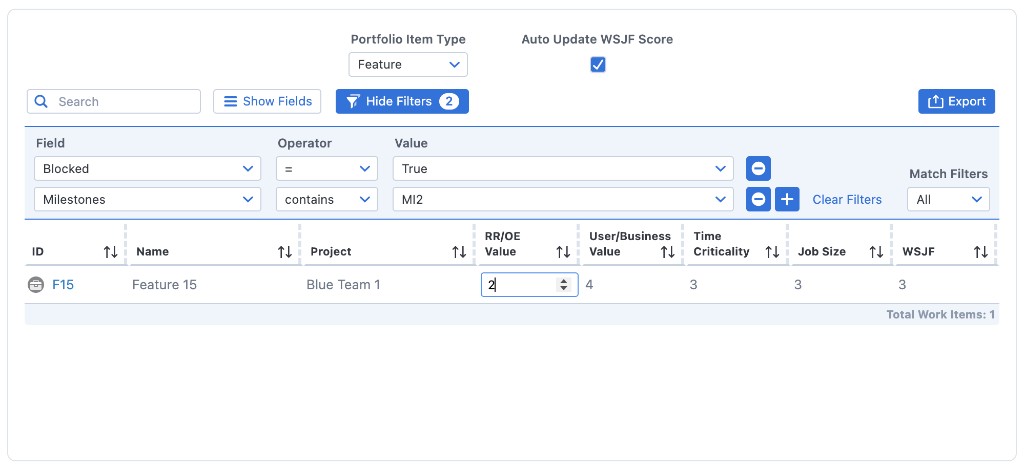 WSJF Grid with filter panel and active filters