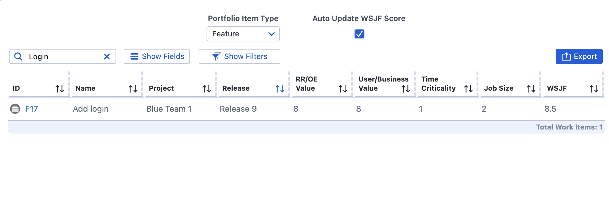 WSJF Grid with search and export options