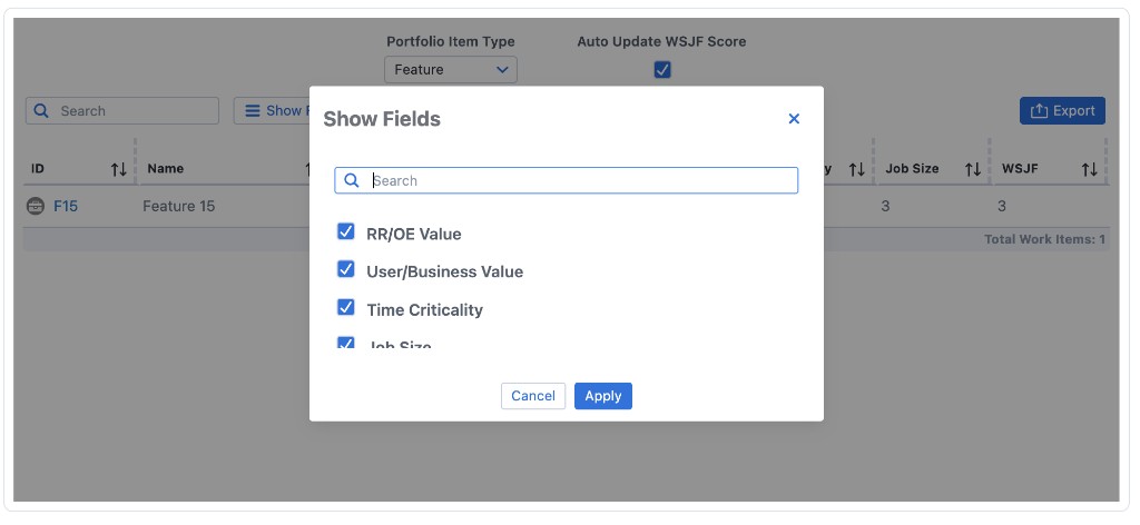 Show Fields modal for customizing grid columns